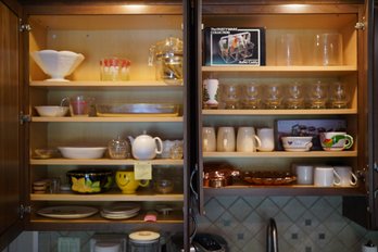 9 Shelves Of Kitchenware Includes Copper Piece And Carnival Glass Piece