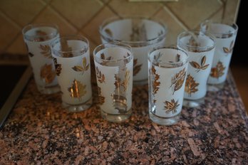 Set Of 7 Libbey Gold Leaf Frosted MCM Highball Glasses