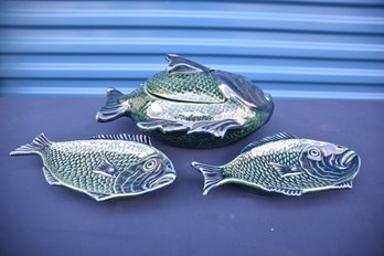 Vintage Olfaire Portugal Fish Plates And Bowl