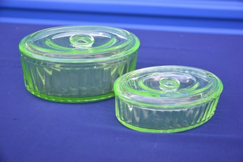 Set 2 Vintage Green Vaseline Depression Glass Oval Ribbed Uranium Dishes