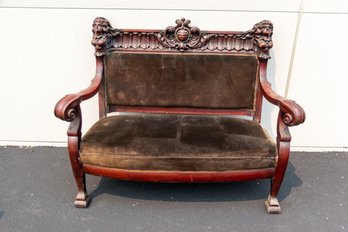 Antique Figural Carved Settee Love Seat With Brown Cushion