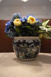 Great Size-Round Asain Style Flower Pot With Faux Flower, Stamped On Bottom.