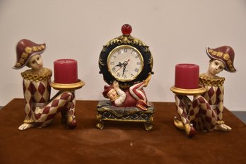 Vintages Set Of 2 Jester Wood Candle Holders With Clock