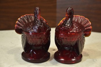 Set Of 2 Vintage Ruby Red Amberina Glass Turkey Candy Dish