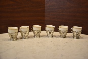 Set Of 6 Metal Cup Holder Demitasse Porcelain Insert