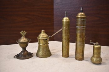 Lot Of Assorted Antique Brass Metal Items Includes A Coffee Grinder