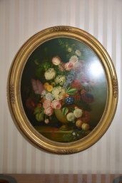 Oversize Antique Reproduction Oil Signed Painting Of A Flower Bouquet In Gold Wood Oval Frame