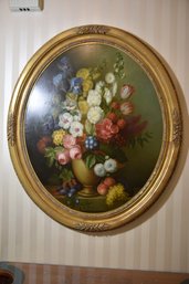 Oversize Antique Reproduction Oil Signed Painting Of A Flower Bouquet In Gold Wood Oval Frame