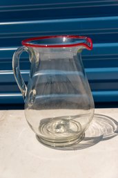 Vintage Clear Glass With Red Trim Pitcher
