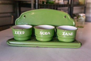 Vintage Dutch Zand, Zeep, Soda Enamel Laundry Rack With 3 Green Enamelware Pots