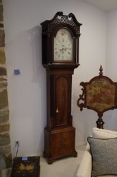 Antique 19th C. Mahogany Long Case Grandfather Clock With Carved Details & Hand Painted Dial - See Description