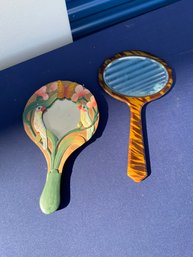 Lot Of 2 Mirrors: Vintage Artisan Designed Handheld Mirror, Vintage Striped Handheld Mirror