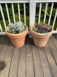 Lot Of 2 Clay Outdoor Planters With Real Flowers