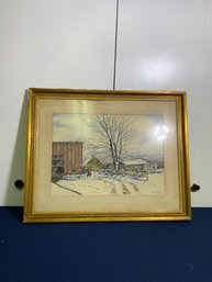 Winter Cabin Print Signed By DM Cheng, 25.25x32 Inches