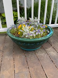 Ceramic Porcelain Blue And Green Low Planter With Real Flowers