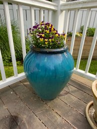 Ceramic Glazed Blue Oversize Planter With Real Flowers