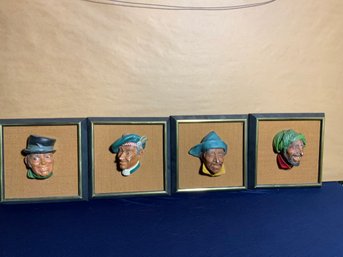 Set Of Four Vintage Bossons Masks Depicting Various Characters - Mounted And Framed