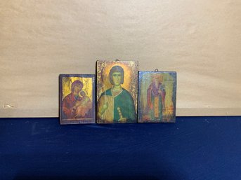 Luminous Trio Of Religious Iconography Paintings On Board