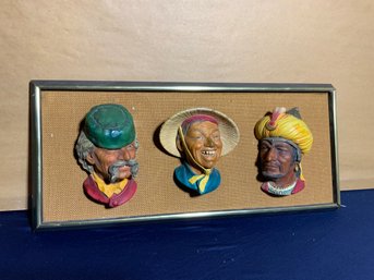 Trio Of Vintage Bossons Masks Depicting Various Characters - Mounted And In Single Frame