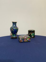 Lot Of 3 Asian Style Enamel Vase And 2 Boxes