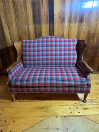 Country Style Plaid Pattern Upholstery Solid Wood Loveseat Couch