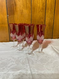Lot Of 6 Red Etched Cut Glass Circa 1970's