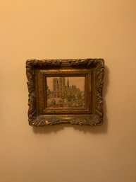 Antique French Needlepoint Of A Castle In A Gilded Style Wood Frame, 17.5x15 Inches