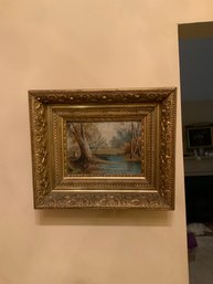 Oil On Canvas River Scenery In A Double Wood Gold Frame, 17x11 Inches