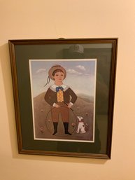 Darline Jefferson Folk Art Print Of A Men And Dog, 19.25x23.25 Inches