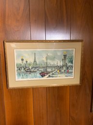 Midcentury  Maurice Legendre Eiffel Tower Pont Alexandre Paris Water Color Print, 20.5x12.5 Inches