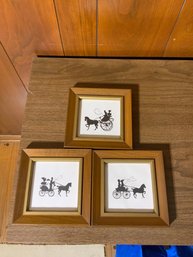 Lot Of 3 Horse Carriage Black And White Prints, 7x7 Inches