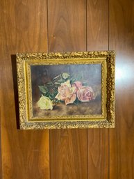 Antique Flower Print On Board On A Gilded Frame, 16.5x13.25 Inches