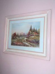 Pink Colored Wood Framed Print Of Train & Tree's