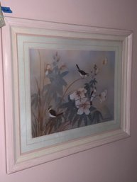 Pink Wood Framed Art Of Birds & Flowers Signed/stamped