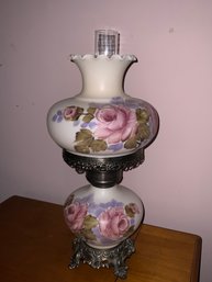 Vintage Metal & Hand Painted Mil Glass Hurricane Lamp