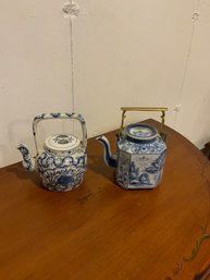 Lot Of 2 Asian Style Blue And White Teapots