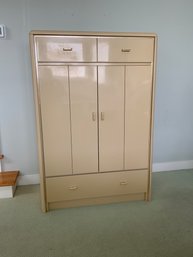 Vintage Beige Drexel Wood, Metal & Lacquer Chest / Storage Cabinet With Cubby Holes & Drawers