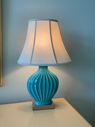 Light Blue Bulbous Ceramic Lamp With Metal Base And Empire Shade