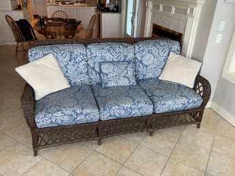 Calico Corners Custom Furniture Wicker / Rattan 3 Seat Sofa With Blue & White Floral Cushions