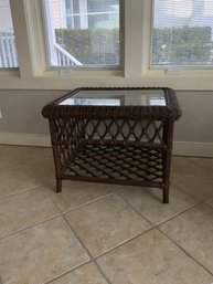 Calico Corners Custom Furniture Brown Wicker / Rattan Side Table With Glass Top & Shelf Below