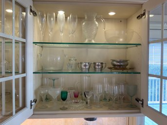 Three Shelves Of Clear & Colored Glasses, Silverplate Bowl, Sugar & Creamer & More K1