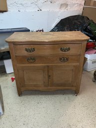 Antique Oak Cabinet On Casters - 2 Drawers With Dovetail Joints And Lower Cabinet With Key