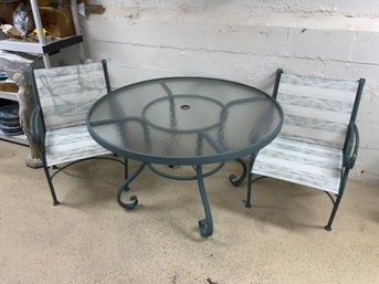 Round Glass Top Patio Table Designed For Use With Umbrella With 6 Nylon Chairs