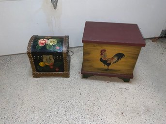 Two Decorative Hand Painted Storage Chests - One With Floral Design And One With Rustic Rooster Motif
