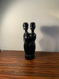 African Hand Carved Wood Sculpture Of 2 Woman Holding Hands