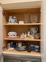 Three Shelves Of Kitchen Ware - Includes Blue & White & A Lovely Lidded Server With Floral Motif K5