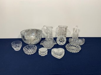 12 Pieces Of Crystal Tableware / Decor Includes Trinket Trays, Bowls, A Pitcher & A Bell