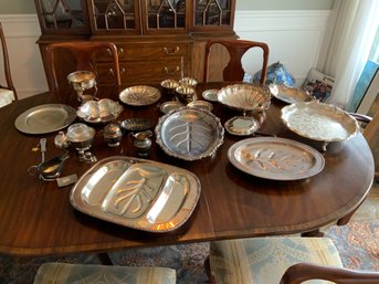 Large Grouping Of Silverplate Tableware Includes Shell Form Platter & Servers With Lovely Tree Motif