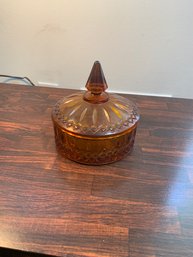 Vintage Amber Indiana Glass Candy Dish With Diamond Point Cover