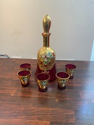 Stunning Venetian Bohemia Ruby Red With Gold Decanter Set